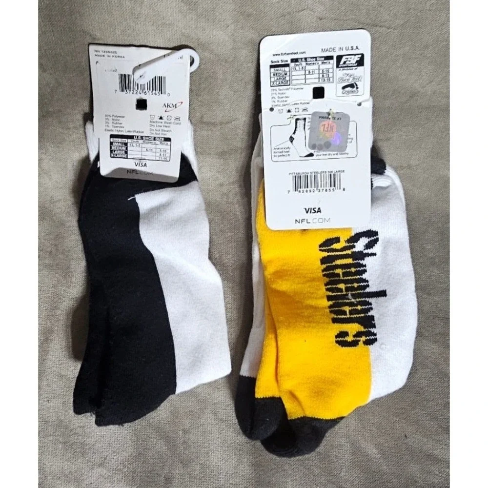 NFL Pittsburgh Steelers Crew Socks 2 Pair Bundle White Black Yellow Large New